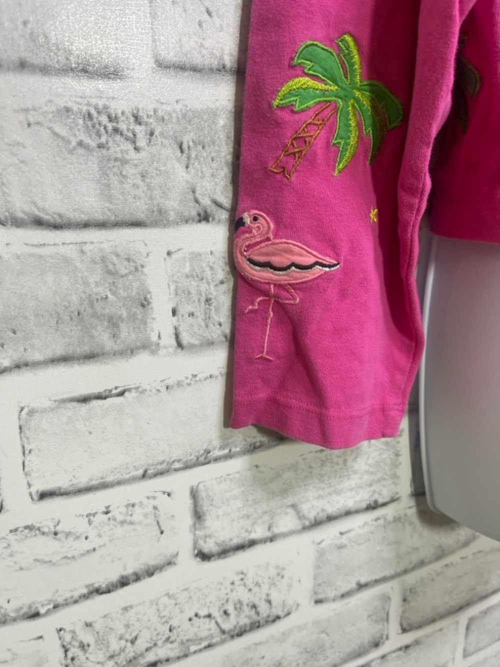 Vintage Michael Simon Lite Pink Tropical Flamingo Embroidered Cardigan Small - Picture 2 of 7